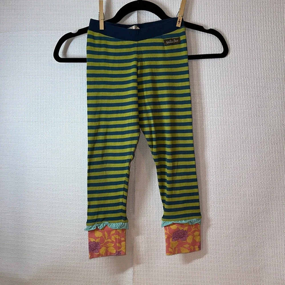 MATILDA JANE Ribbed Horizontal Striped Ruffle Floral Cuff Girls Leggings 6